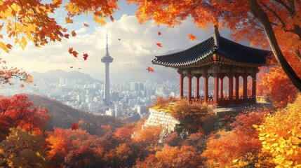 Obraz premium The traditional pavilion at Namsan Tower offers a breathtaking view of the city and the fall foliage surrounding it.