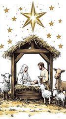 Classic serene and heartwarming nativity scene featuring Mary, Joseph, and baby Jesus in a rustic wooden manger adorned with a star at the top. Surround  animals. Star of Bethlehem. White background