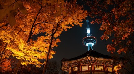 Fototapeta premium The warm glow of autumn at Namsan Tower, with vibrant fall foliage surrounding the pavilion. The contrasting colors of the leaves against the tower and traditional structure make