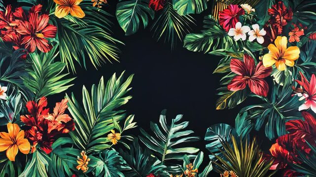 Colorful tropical foliage surrounds a dark center, creating a vibrant frame for various creative designs and layouts