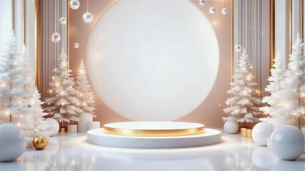 3D Animation Scene of Different Christmas Themed Podiums of Various Colors- Golden, Purple, Red, White - Decorated with Gift Boxes, White Trees