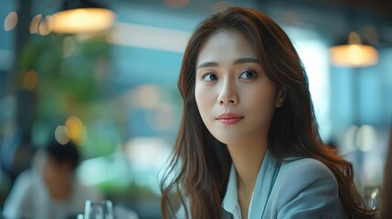 A young woman with long dark hair and a serious expression, looking ahead in a modern indoor setting, exuding intelligence, professionalism, and quiet confidence.