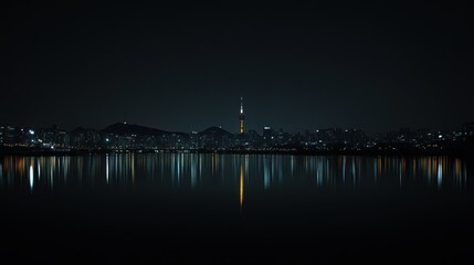 A stunning nighttime view of Dongjak Bridge and the Han River, with city lights reflecting in the water. Namsans lights shine brightly, adding a vibrant focal point to the cityscape