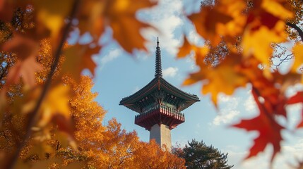 At Namsan Tower, the traditional pavilion sits beneath a canopy of rich autumn leaves. The scene captures the essence of fall in Seoul,