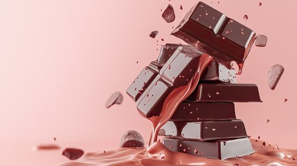 Melting Dark Chocolate Blocks with Splashes on Pink Background