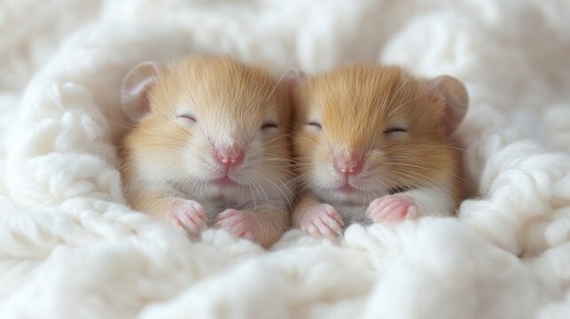 Two adorable baby hamsters sleeping together in a soft white blanket.