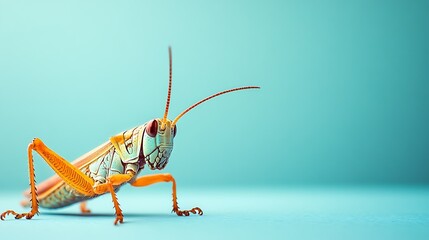 Fototapeta premium Vibrant orange and teal grasshopper on a light blue background.