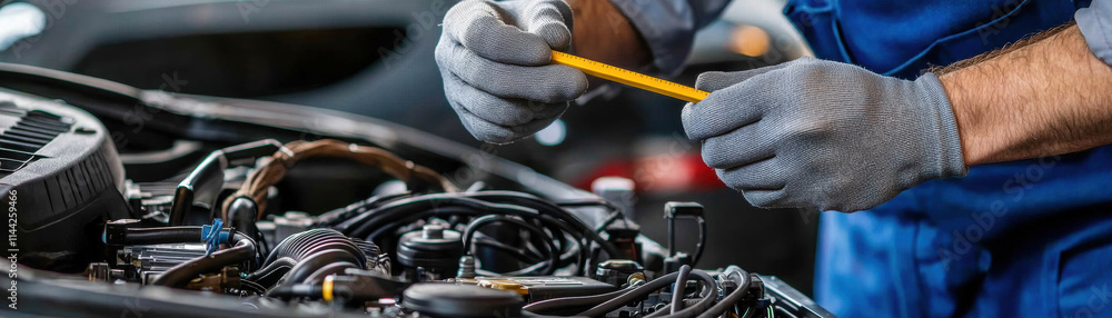 Poster mechanics repair engine testing. mechanic working on car engine with tools, focusing on maintenance 