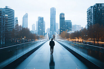 The city's reflections shimmer on the river as a lone figure crosses the bridge, symbolizing urban solitude and beauty