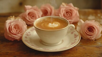 Steaming cappuccino with latte art heart design, surrounded by pink roses on rustic wooden table.