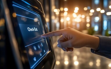 A hand interacting with a digital check-out screen in a modern setting.