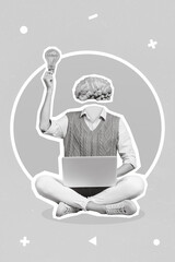 Vertical collage image of black white gamma girl use netbook brain instead head arm hold light bulb...