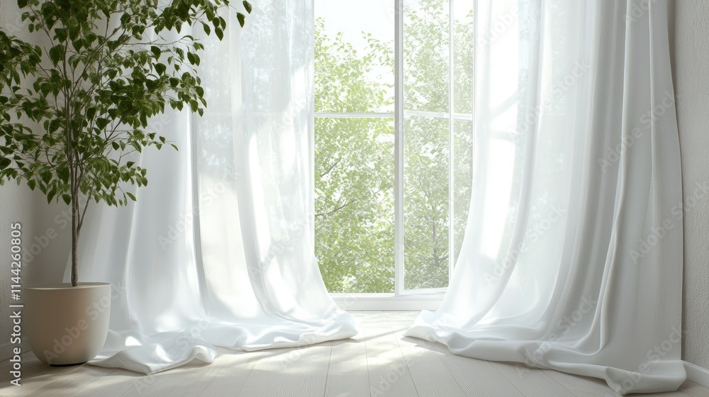Poster tranquil setting of white curtains swaying at an open window, surrounded by subtle hints of nature o