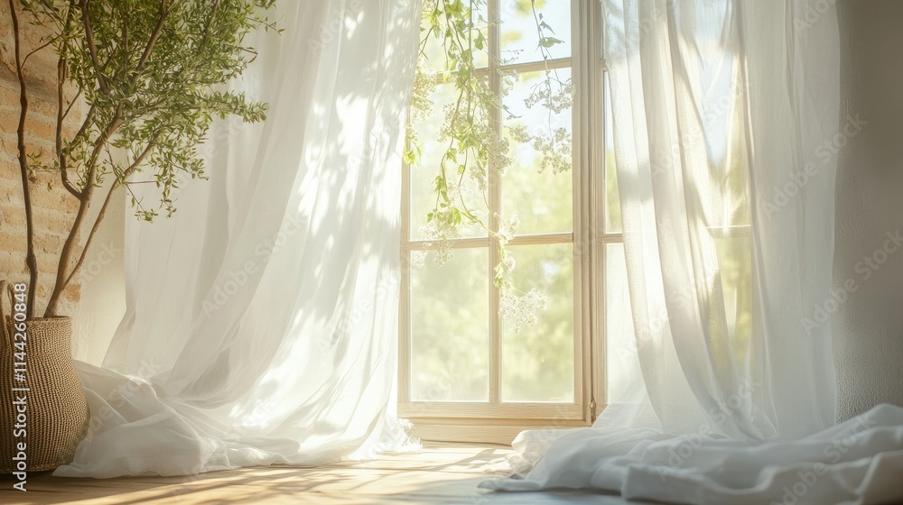 Poster tranquil setting of white curtains swaying at an open window, surrounded by subtle hints of nature o