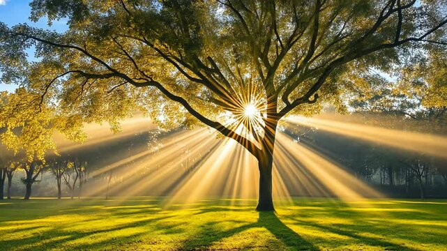 Sunlight filters through a large tree in a serene park setting at dawn with illuminating rays over the grassy field
