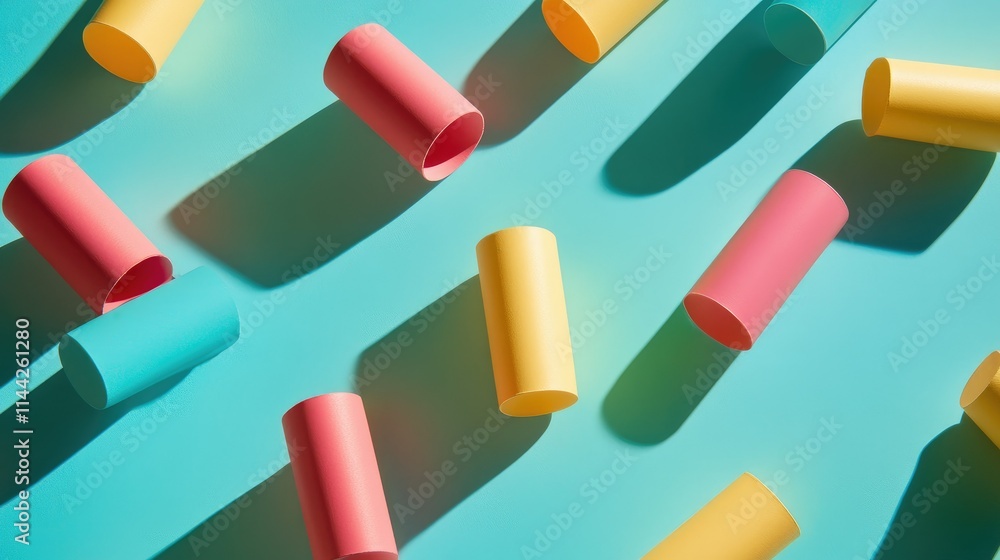 Poster vibrant cylindrical objects in multiple colors scattered across a bright turquoise surface, casting 