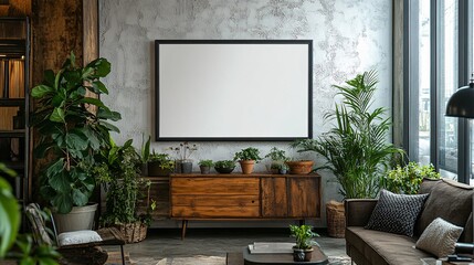 Modern living room with a blank poster frame on a white wall, wooden cabinet, and decorative plants, creating a serene and stylish atmosphere.