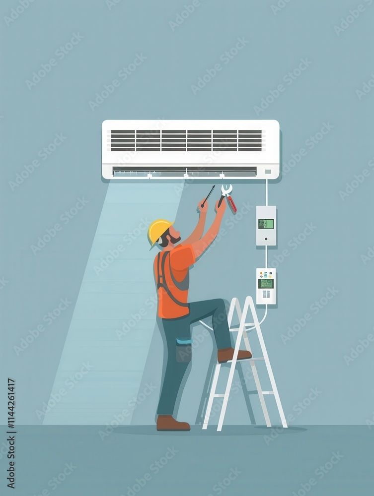 Poster technician installs air conditioning unit at residential location during daytime work. generative ai