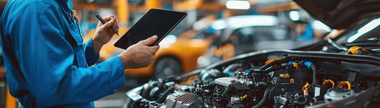 Mechanics repair engine testing. A mechanic using a tablet to diagnose a car engine in a workshop setting.