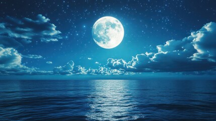 Serene Night: Full Moon over Calm Ocean