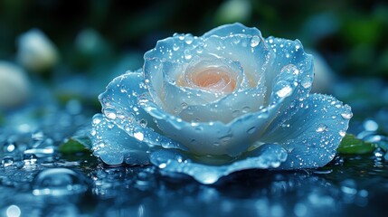 Dew-kissed light blue rose on dark surface.