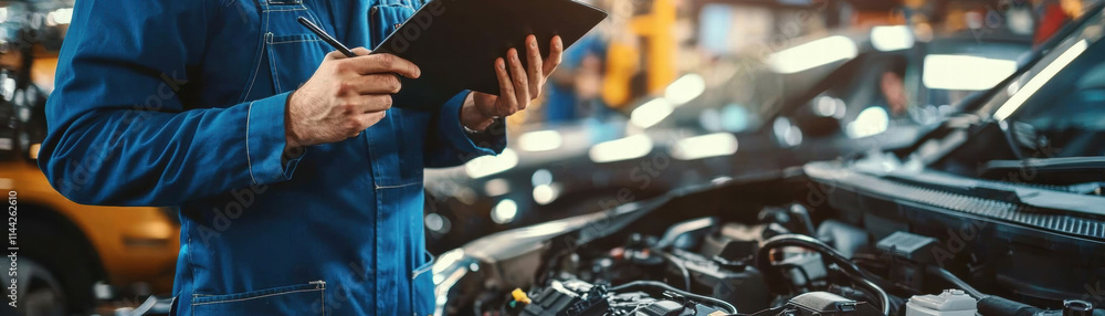 Poster mechanics repair engine testing. mechanic inspecting engine while taking notes on a clipboard in a w