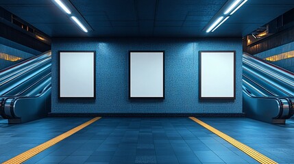 Blank poster mockup in a metro station, three vertical portraits with an escalator background, perfect for transportation-themed advertising.