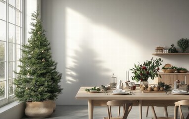 A minimalist dining space with a simple green tree, natural decor accents, and holiday-themed tableware