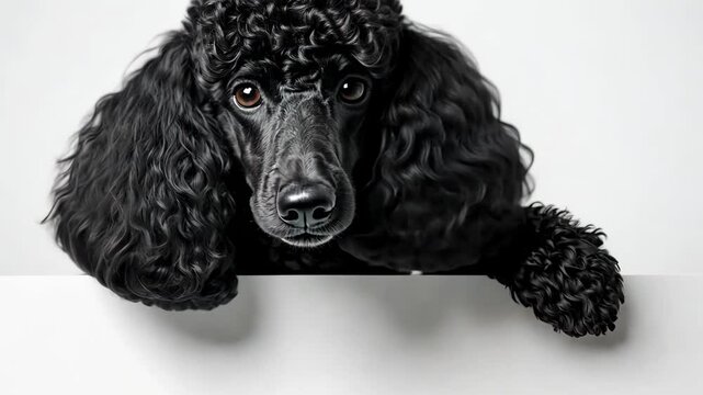 Curly black poodle with expressive eyes looking over a white surface in a bright setting