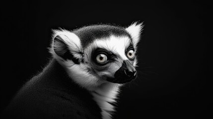 Fototapeta premium A striking black-and-white portrait of a lemur, highlighting its expressive eyes and distinctive features against a dark background.