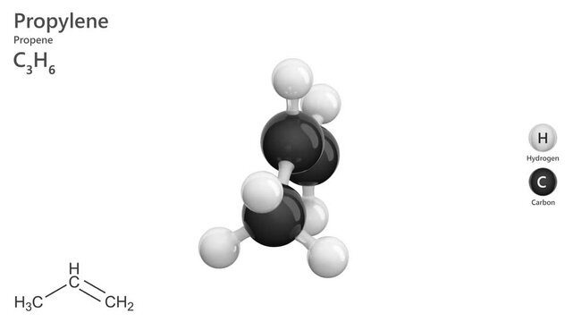 Propene (Propylene). Alkene. Gas. Animated 3D model of a molecule. Molecular formula: C3H6. Chemical model: Ball and sticks. White background. 3D rendering. Seamless loop.