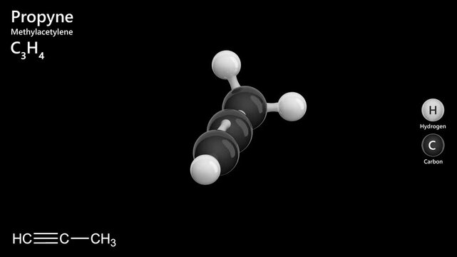 Propyne (Methylacetylene). Gas. Animated 3D model of a molecule. Molecular formula: C3H4. Chemical model: Ball and sticks. Black background. 3D rendering. Seamless loop.