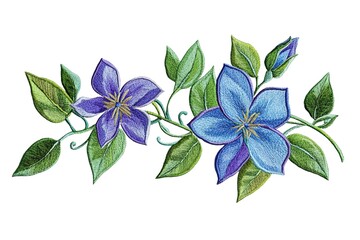 Fototapeta premium Delicate embroidered clematis flowers and leaves design