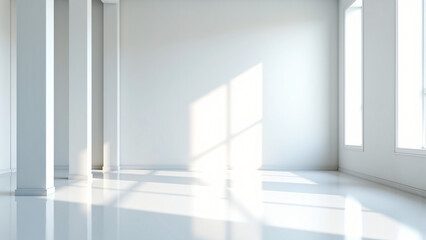 Empty white room, white walls, white floor,Minimalist white room with sunlight streaming through windows