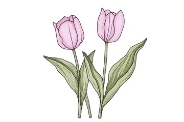 Fototapeta premium Delicate Pink Tulips, Hand-Drawn Floral Illustration
