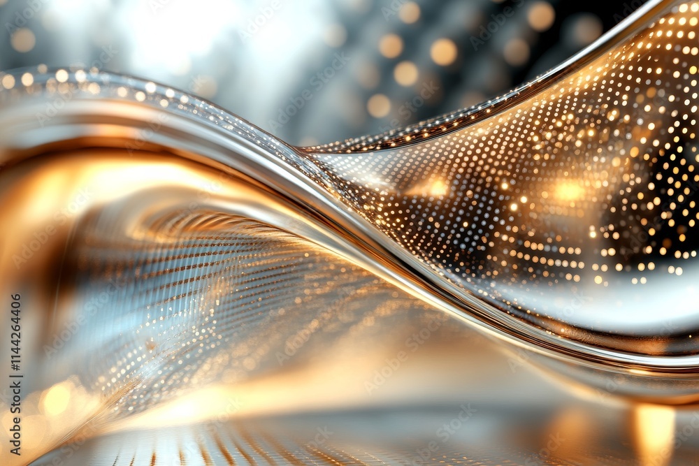 Poster abstract design featuring golden waves and reflective surfaces in a luminous environment