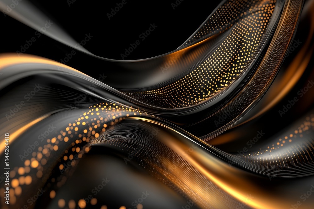 Poster flowing abstract design in black and gold showcasing intricate patterns and smooth curves