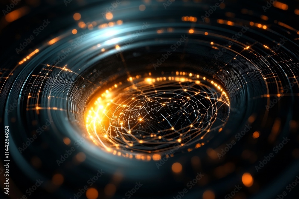 Poster abstract digital design showcasing swirling lines and glowing points of light in dark tones