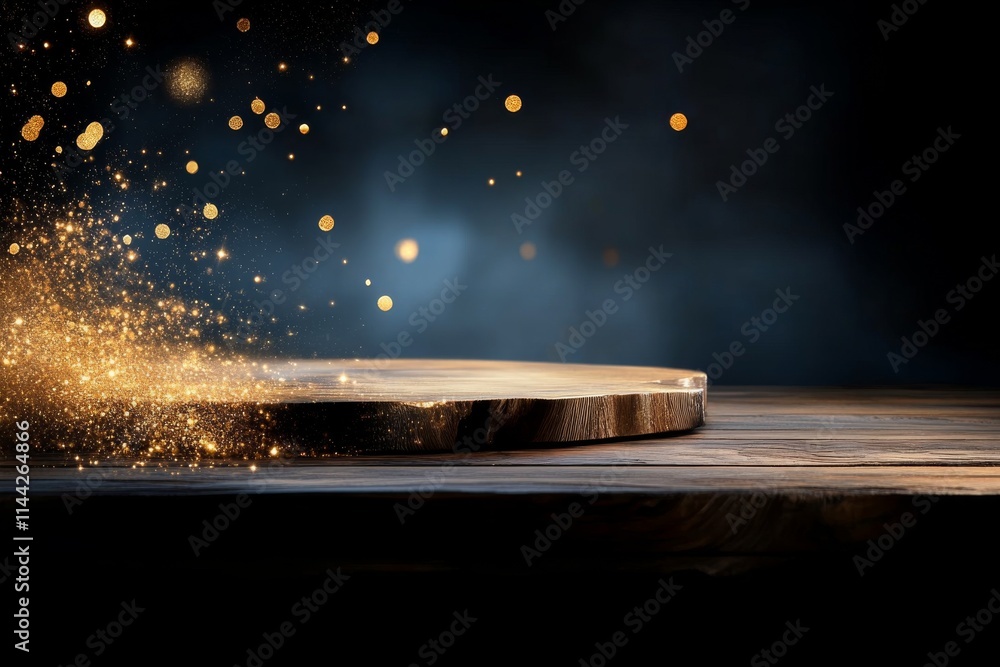Poster magical glowing particles swirl around a wooden surface creating an enchanting atmosphere