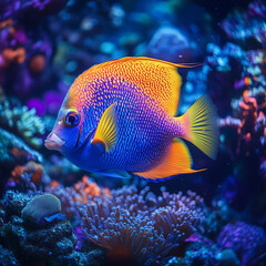 Brightly colored angelfish swimming among vibrant coral in a tropical reef habitat
