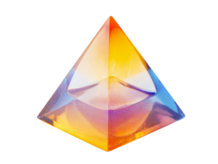 Colorful gradient pyramid  featuring smooth transitions of orange, pink, purple, and yellow hues. Sleek and glossy finish with vibrant colors. Isolated on transparent background, PNG cut-out