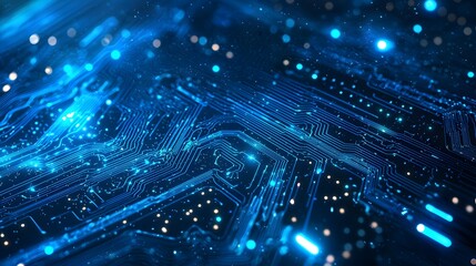 Obraz premium Quantum Wave Flow on Blue Circuit Board Background