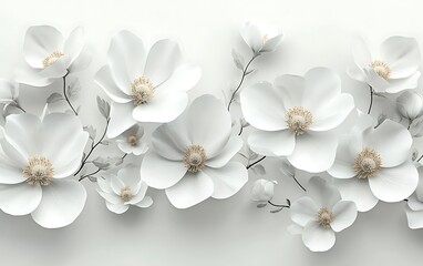 Elegant white paper flowers arranged in a horizontal row on a white background.