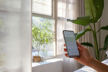 Person uses a smartphone app to control smart blinds near a window.