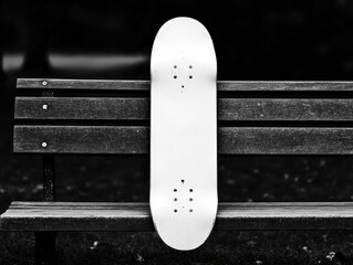 A minimalistic image of a white skateboard resting on a wooden bench, highlighting its sleek design against a monochrome backdrop.