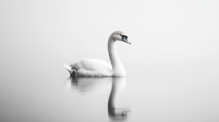 Fototapeta premium A serene swan glides gracefully across a calm, misty water surface, reflecting a tranquil ambiance in monochrome tones.