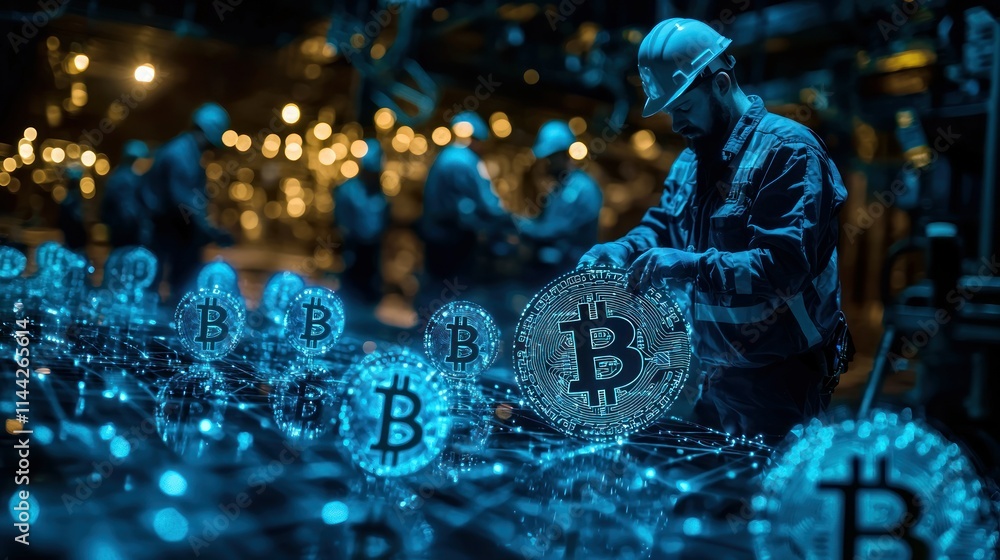 Poster worker handling digital bitcoin in a futuristic setting.