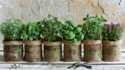 Six potted herbs rosemary, basil, oregano, thyme.  Plants in burlap. Gardening.