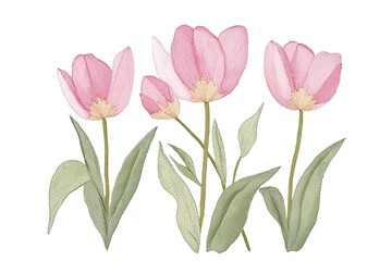 Obraz premium Delicate Embroidered Pink Tulips and Leaves