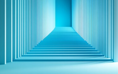 Abstract blue hallway with stairs leading to light.